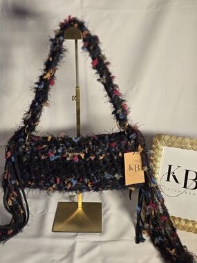 Hand Crafted Crochet Black Bouclé Shoulder Bag with Multicolor Flecks